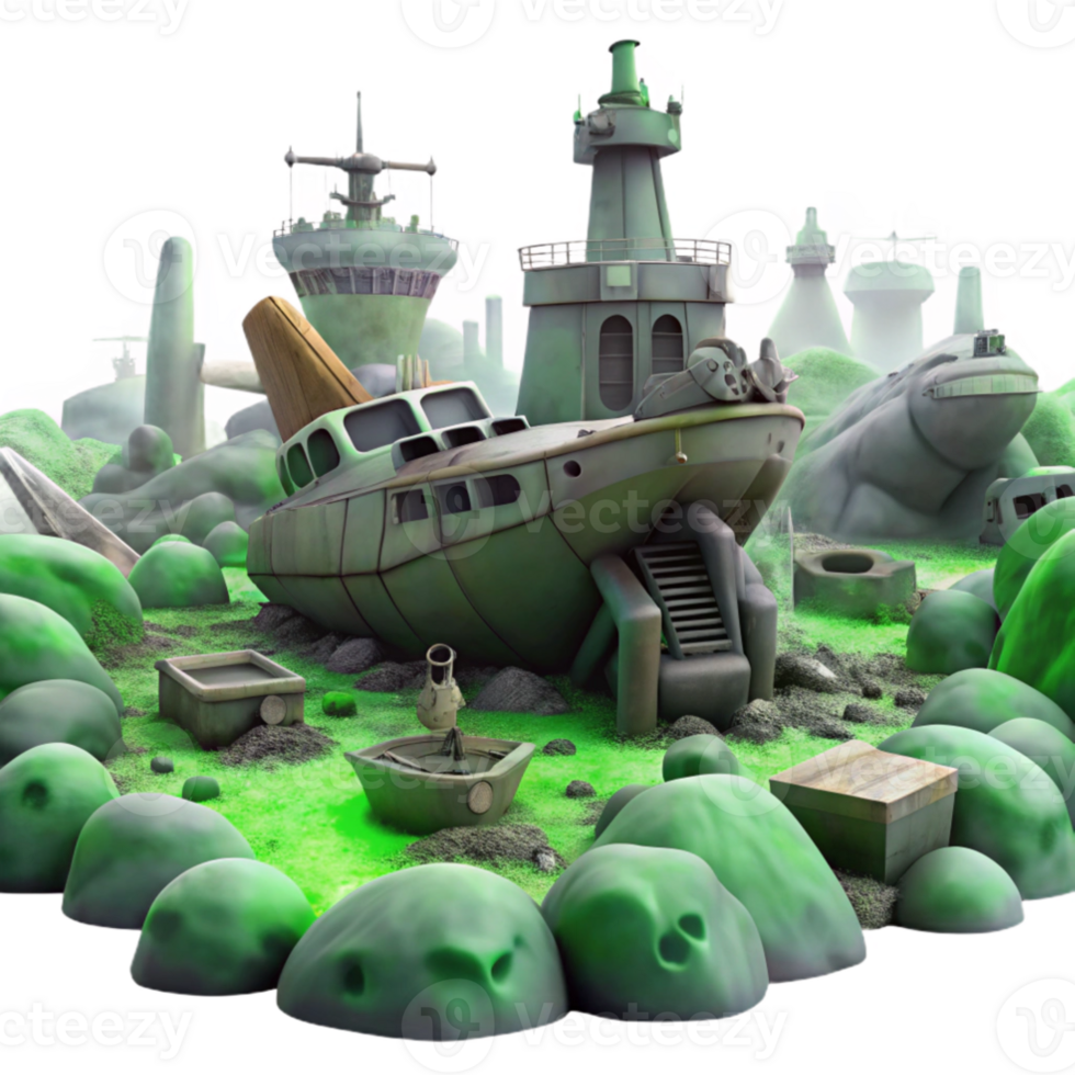 elegant rustic A spaceship graveyard filled with derelict vessels, eerie green fog, matte painting style original png