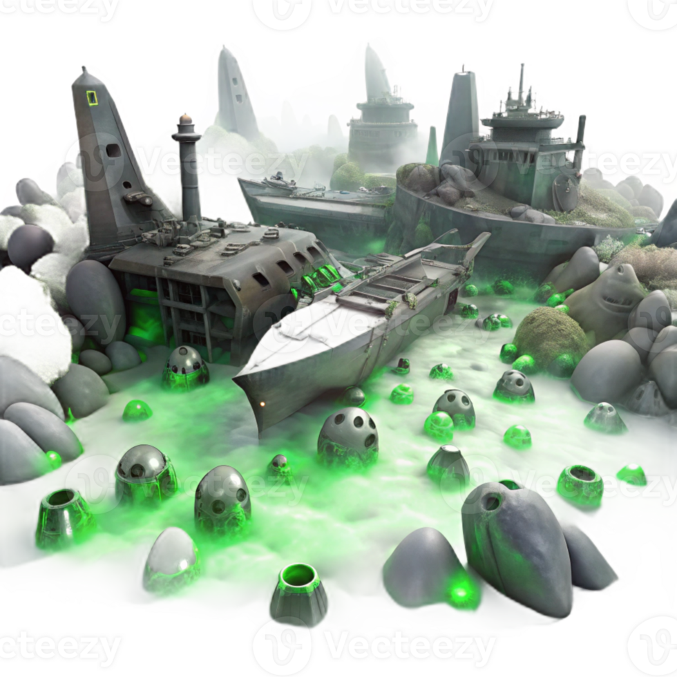 stunning traditional A spaceship graveyard filled with derelict vessels, eerie green fog, matte painting style high resolution png