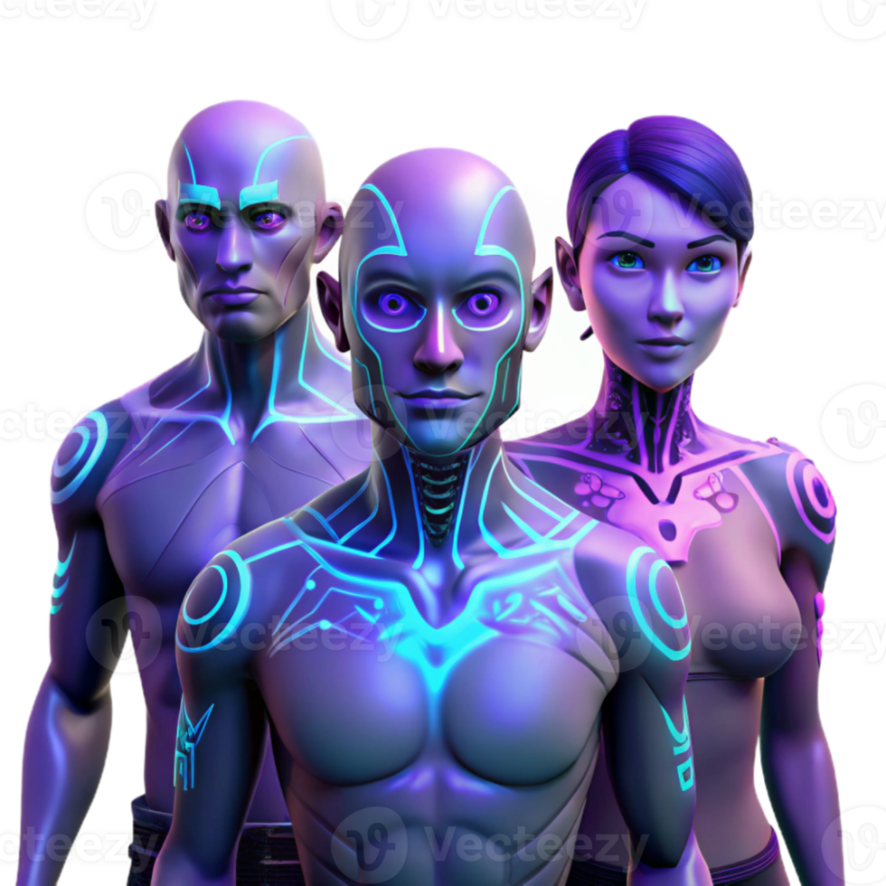 elegant artistic A group of genetically modified humans with bioluminescent tattoos, ultraviolet lighting, biopunk style authentic png