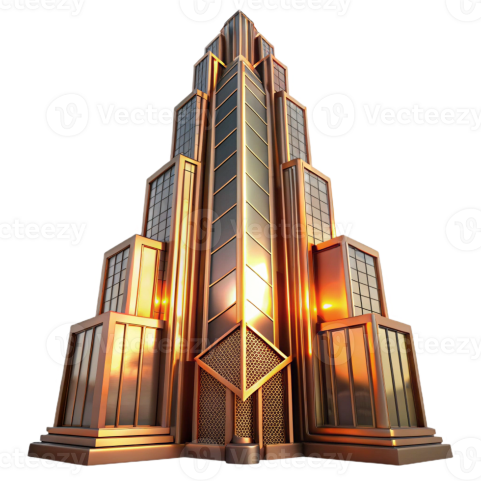 stunning minimalist Art Deco skyscraper, chrome and glass, intricate geometric facade, warm sunset lighting, volumetric lighting, ray tracing, highly detailed, cinematic, authentic png