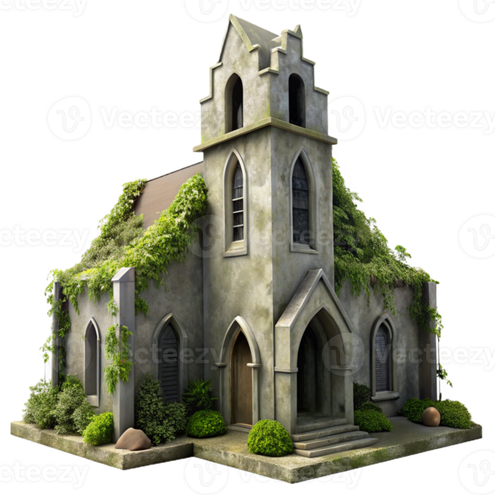 beautiful creative A solitary, crumbling Brutalist concrete church, overgrown with ivy, dim overcast lighting, hyperrealistic, eerie atmosphere, tilt shift lens effect, detailed png