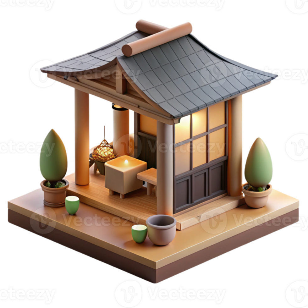 impressive artistic A minimalist Japanese tea house, natural wood and paper, zen garden, soft diffuse lighting, serene, peaceful, high resolution png