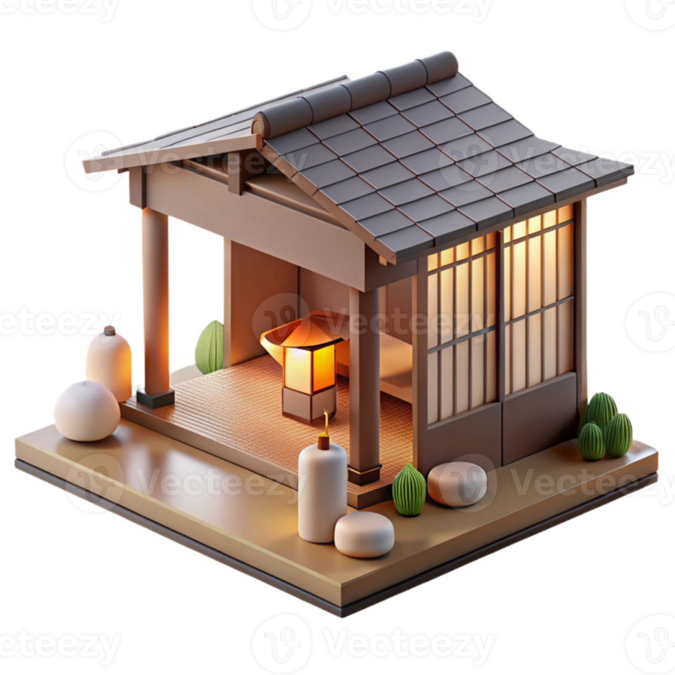 vibrant traditional A minimalist Japanese tea house, natural wood and paper, zen garden, soft diffuse lighting, serene, peaceful, 4K png