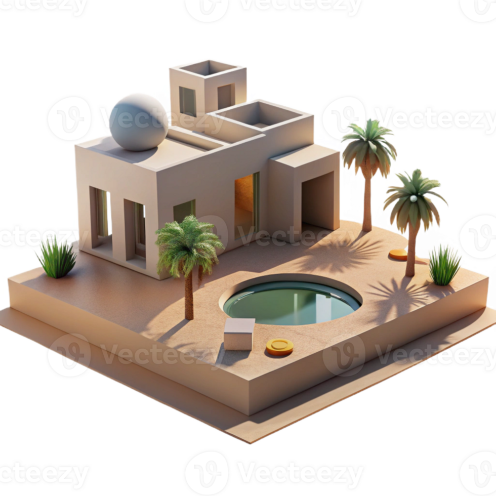 impressive abstract A desert oasis, modern minimalist architecture, reflecting pools, harsh midday sun, stark shadows, peaceful, tranquil, detailed png