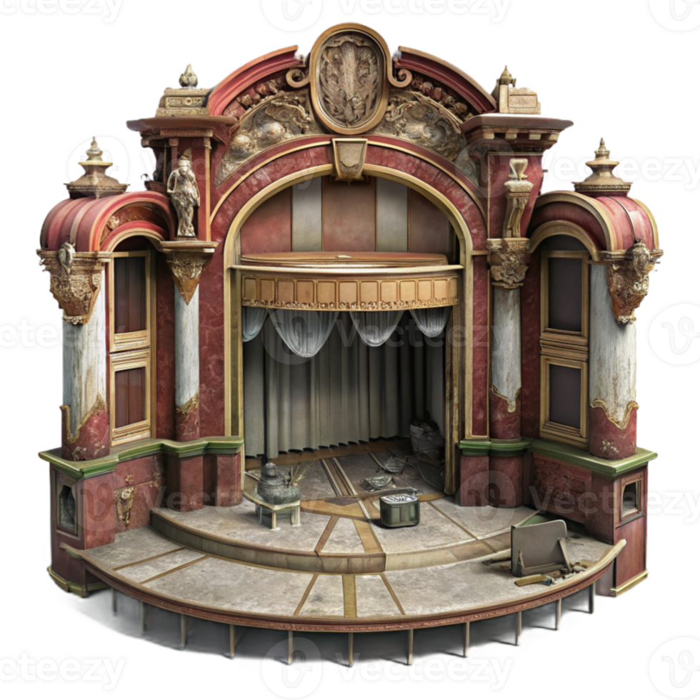 serene modern A dilapidated Art Nouveau theater, ornate carvings, peeling paint, dusty, dim interior lighting, melancholic, abandoned, high resolution png