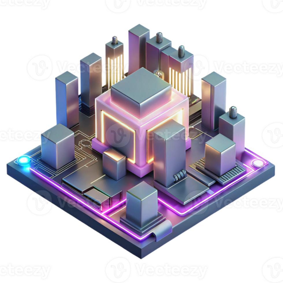 vibrant minimalist A microscopic view of a circuit board, forming intricate architectural structures, neon light trails, abstract, futuristic, genuine png