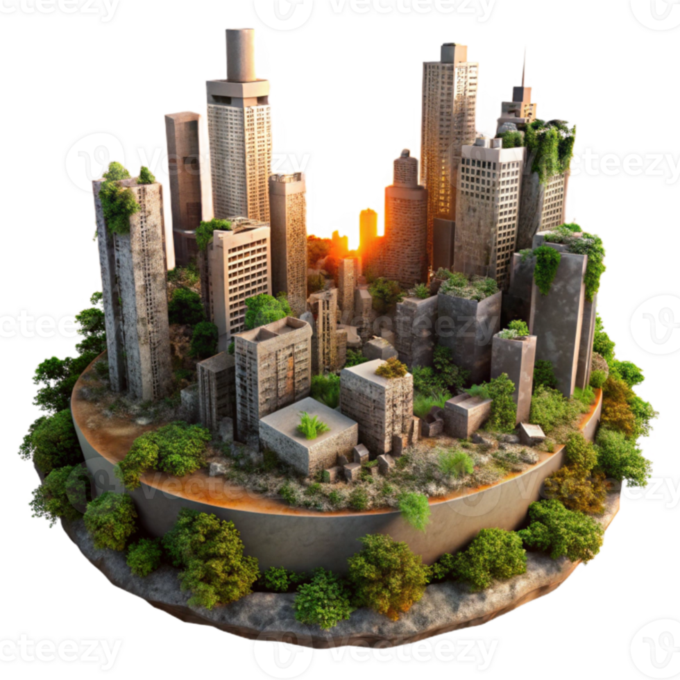 extraordinary abstract A post apocalyptic city, crumbling skyscrapers, overgrown with vegetation, orange sunset lighting, desolate, haunting, 4K png