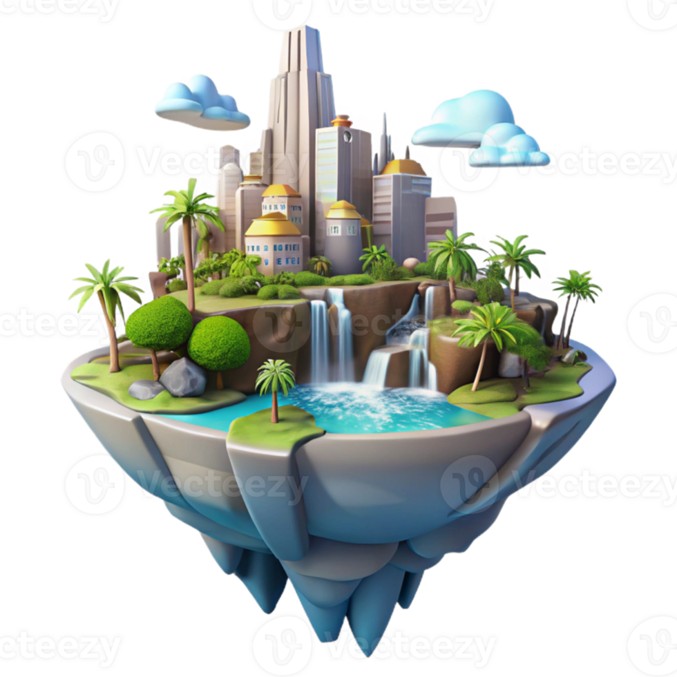 beautiful artistic A floating island with a futuristic city, waterfalls cascading down, vibrant tropical vegetation, bright daylight, utopian, paradise, professional png
