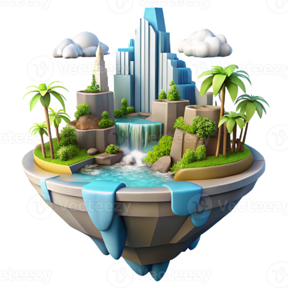 extraordinary modern A floating island with a futuristic city, waterfalls cascading down, vibrant tropical vegetation, bright daylight, utopian, paradise, high resolution png