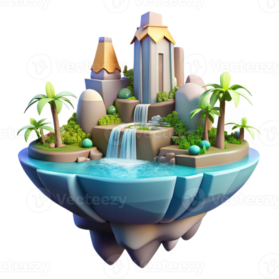 extraordinary traditional A floating island with a futuristic city, waterfalls cascading down, vibrant tropical vegetation, bright daylight, utopian, paradise, 4K png