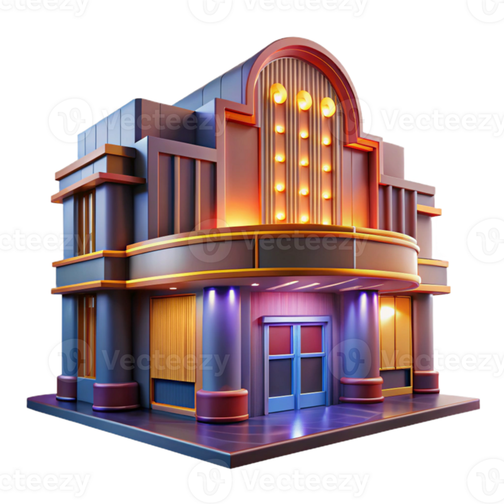 elegant abstract An art deco cinema, gleaming chrome and neon signage, illuminated by the warm glow of streetlights on a rainy night. Cinematic, slightly blurred high quality png