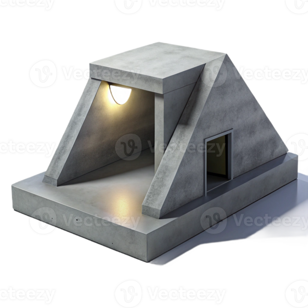 beautiful rustic A minimalist concrete bunker, sharp angles and smooth surfaces, lit by a single, harsh spotlight from above. Brutalist, monochrome authentic png
