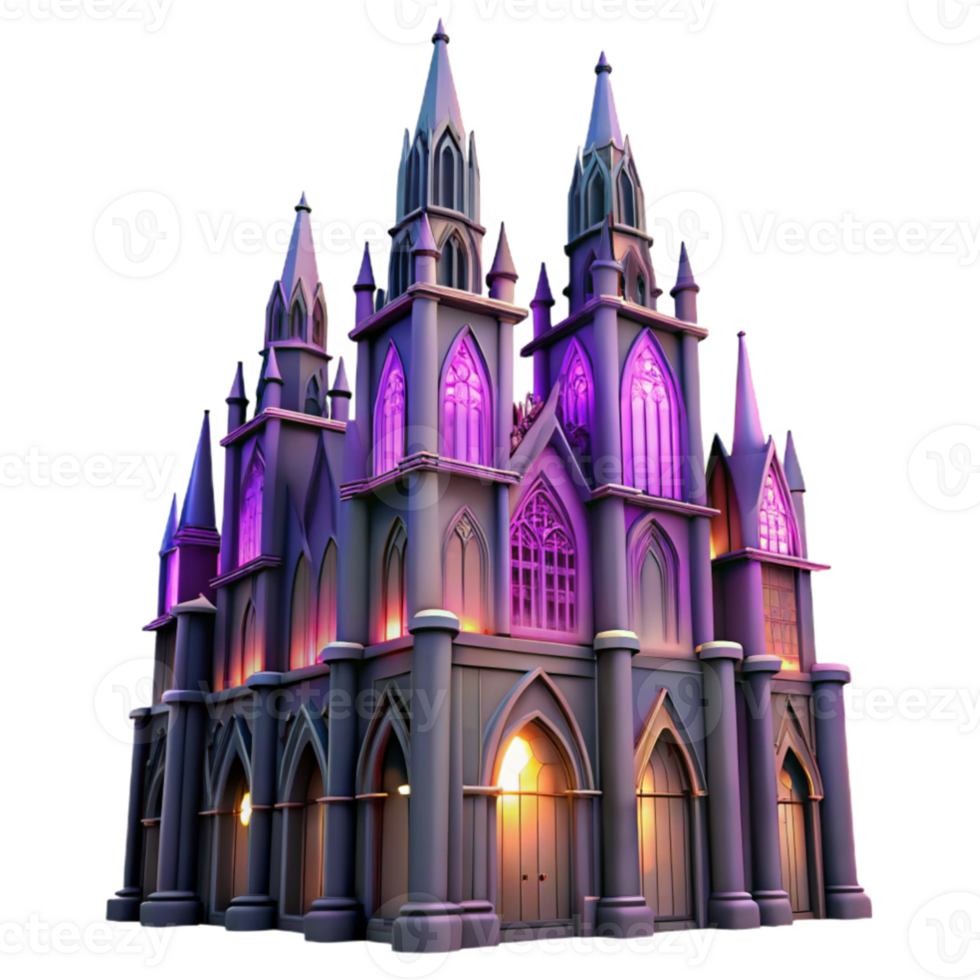 vibrant traditional A towering gothic skyscraper, intricate gargoyles and stained glass windows, bathed in the deep purple light of a setting sun. High contrast, hyperrealistic 4K png