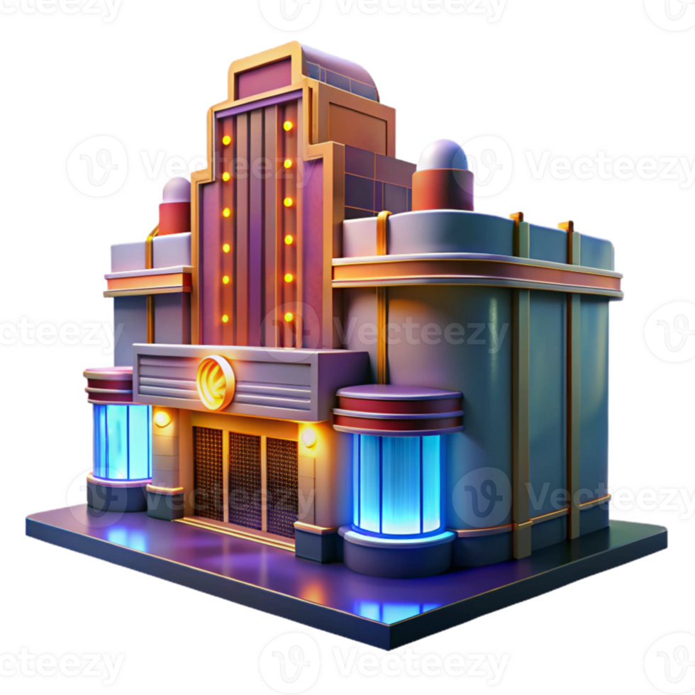 vibrant rustic An art deco cinema, gleaming chrome and neon signage, illuminated by the warm glow of streetlights on a rainy night. Cinematic, slightly blurred genuine png