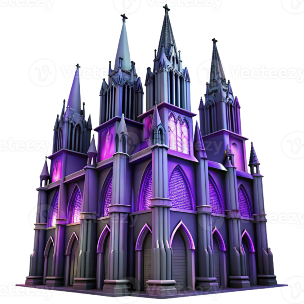 stunning traditional A towering gothic skyscraper, intricate gargoyles and stained glass windows, bathed in the deep purple light of a setting sun. High contrast, hyperrealistic exclusive png