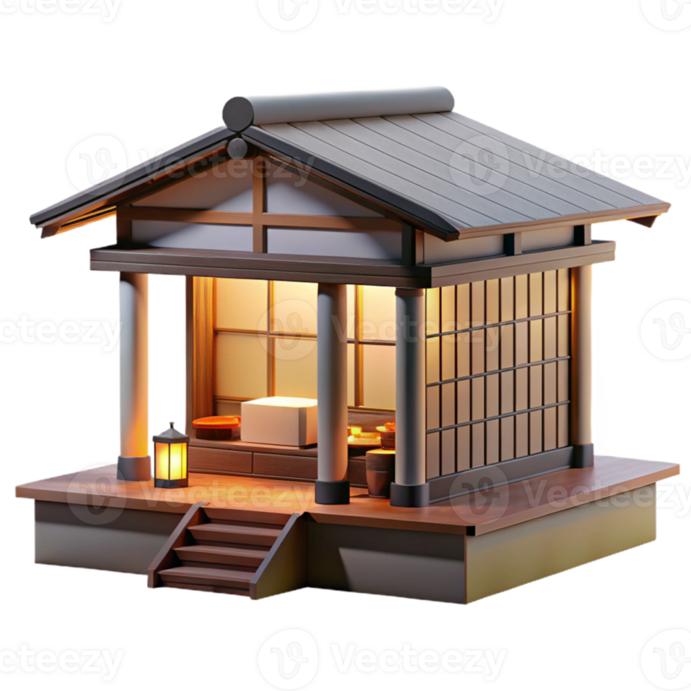serene traditional A Japanese tea house nestled in a zen garden, natural wood and paper screens, soft morning light. Serene, minimalist authentic png