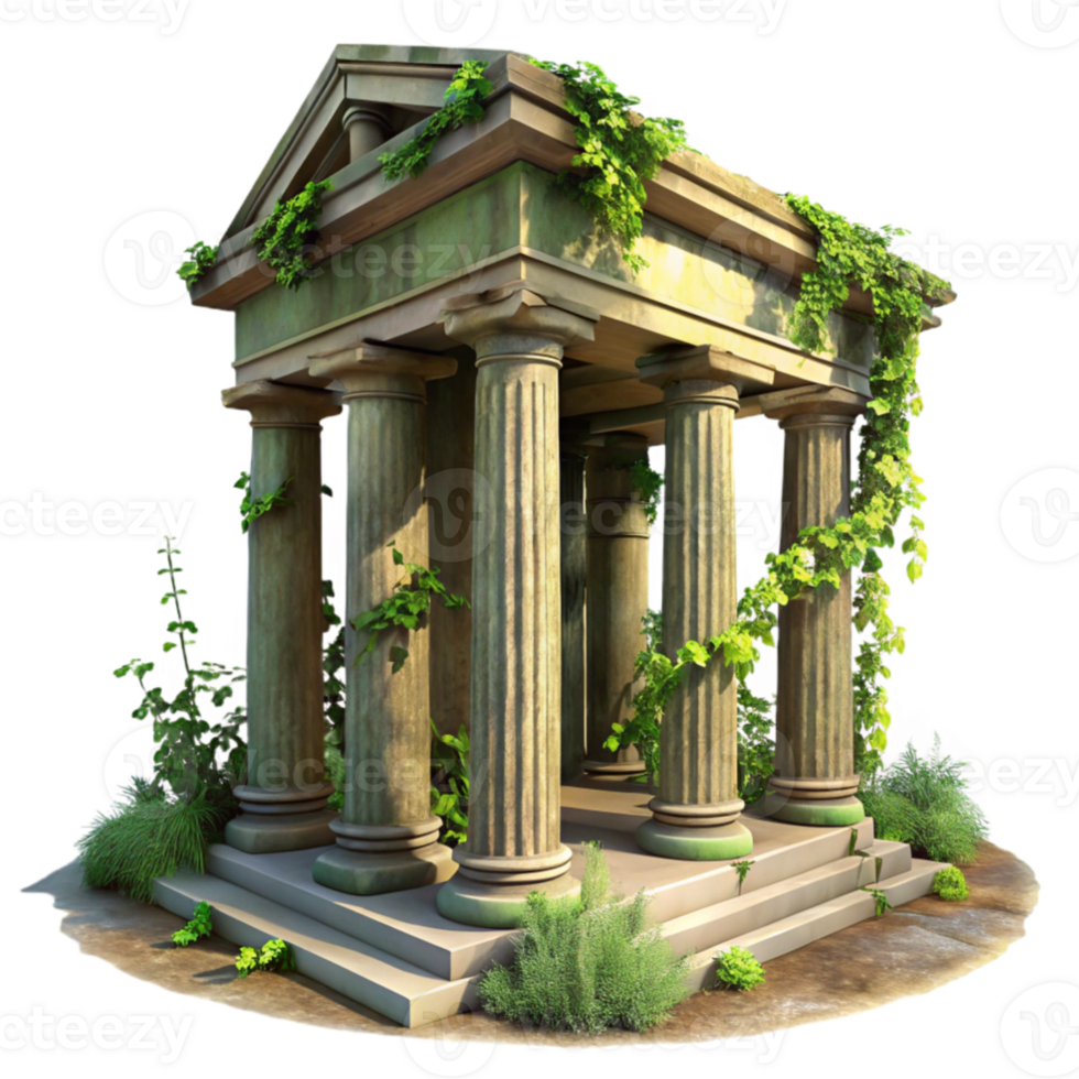 wonderful creative A crumbling ancient temple, overgrown with vines and moss, dappled sunlight filtering through the ruined columns. Romantic, painterly genuine png