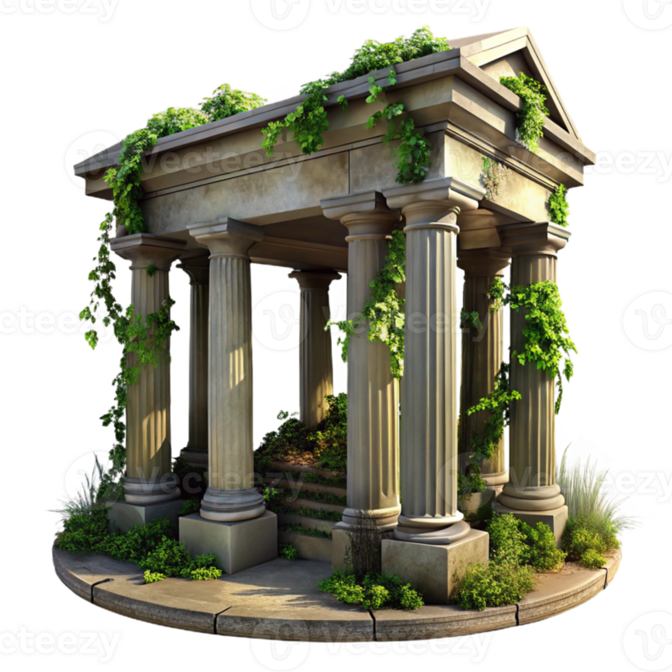 beautiful vintage A crumbling ancient temple, overgrown with vines and moss, dappled sunlight filtering through the ruined columns. Romantic, painterly high resolution png