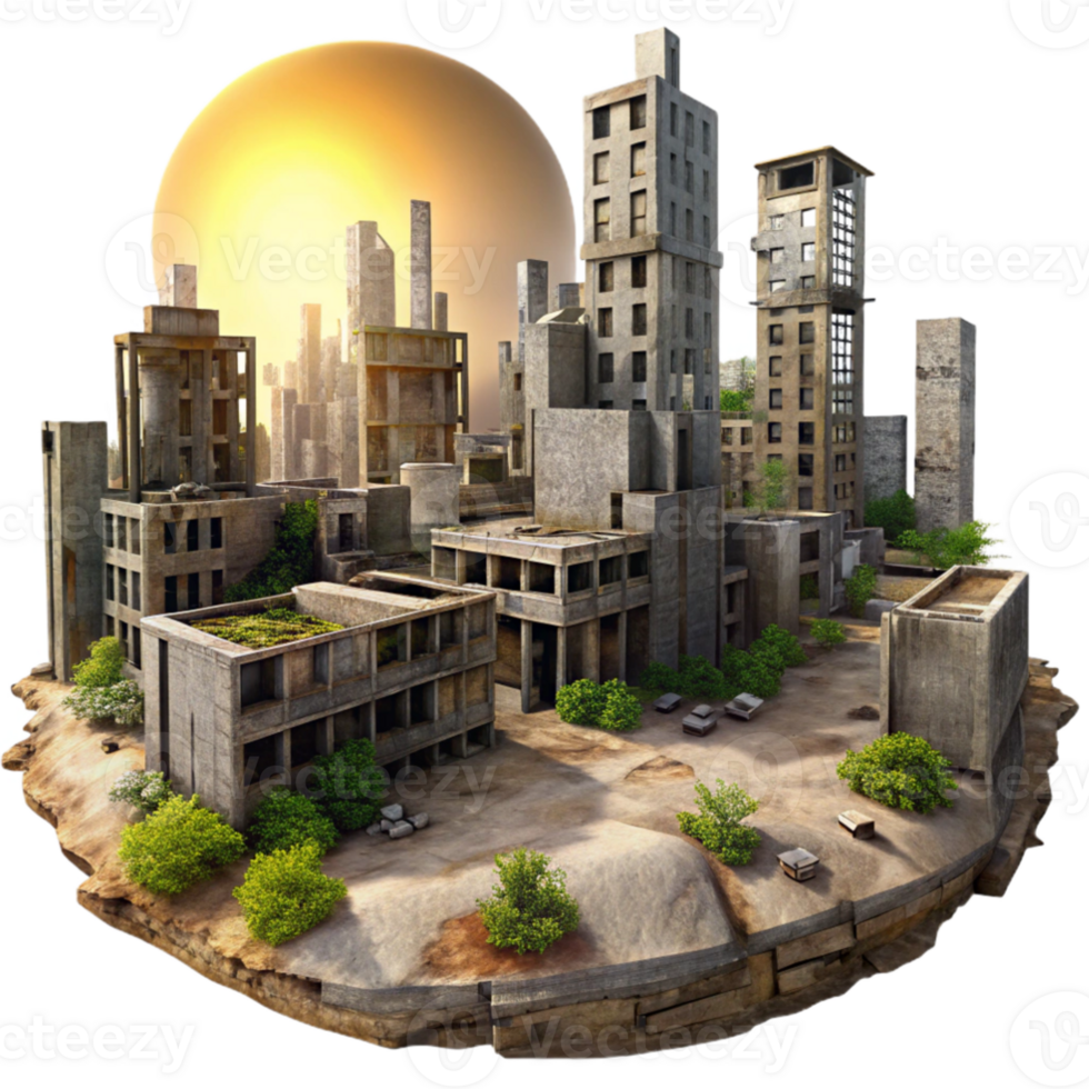 wonderful minimalist A deserted, post apocalyptic cityscape, crumbling buildings and overgrown vegetation, harsh midday sun. Dystopian, gritty high quality png