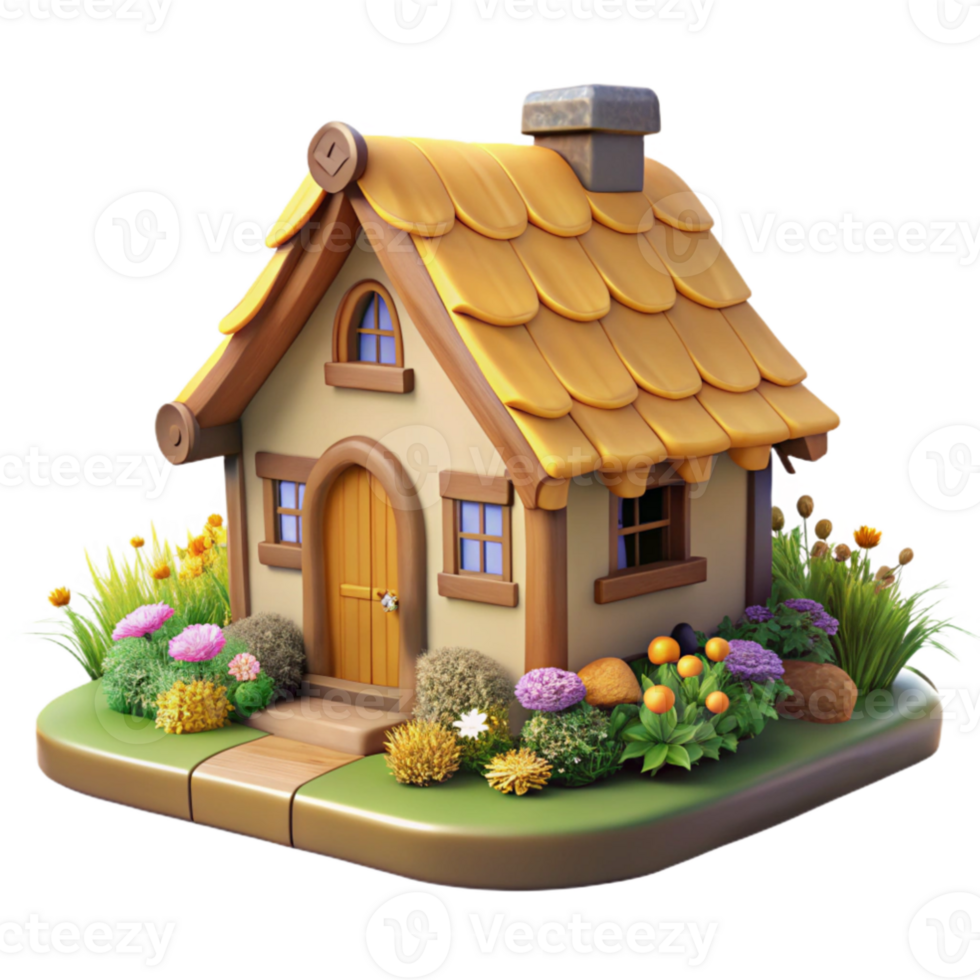 impressive modern A traditional thatched roof cottage, surrounded by a blooming garden, warm afternoon sunlight. Rustic, idyllic exclusive png