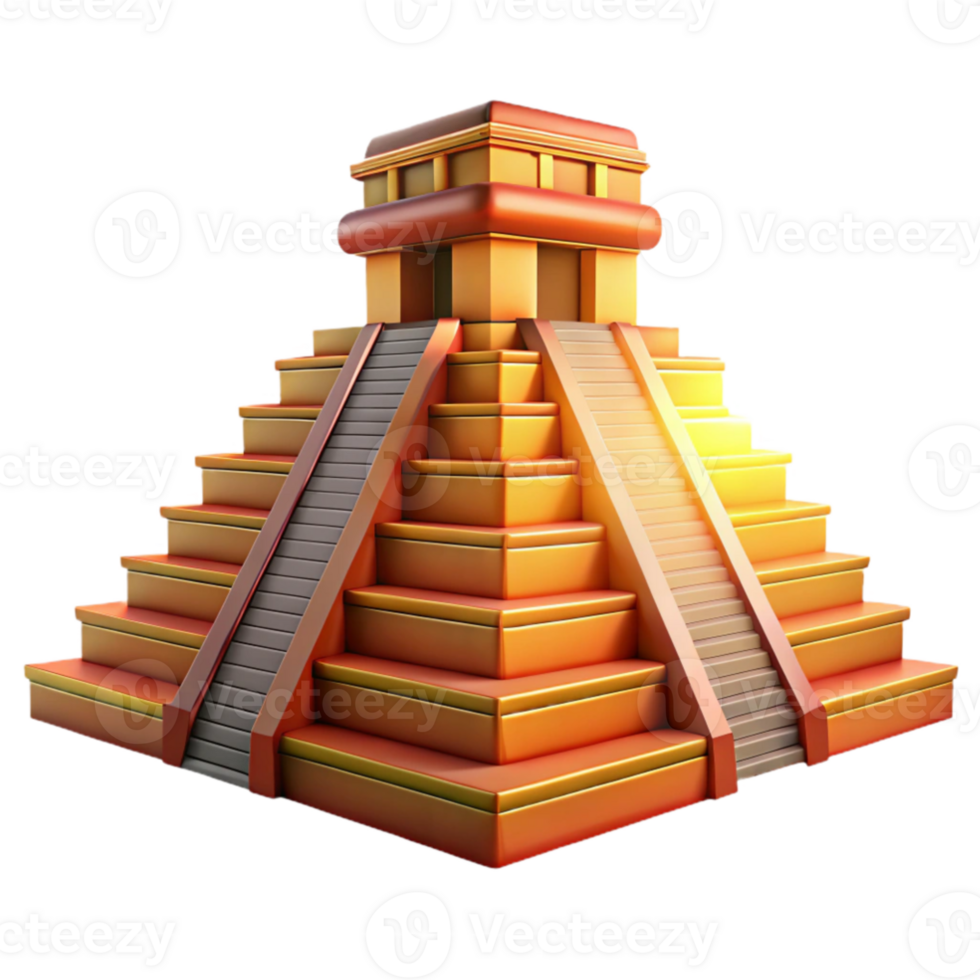 stunning minimalist A towering Mayan pyramid, intricate carvings and vibrant colors, bathed in the golden light of a setting sun. Ancient, majestic detailed png