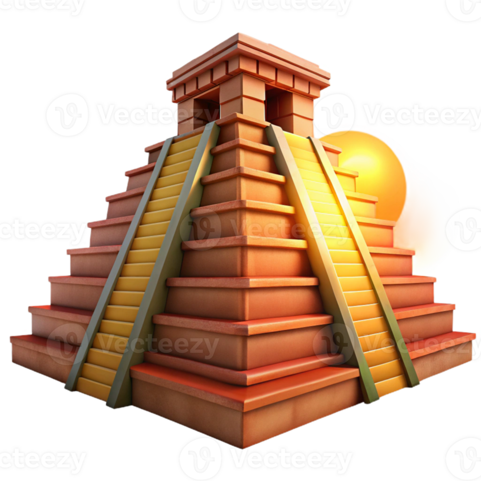 elegant minimalist A towering Mayan pyramid, intricate carvings and vibrant colors, bathed in the golden light of a setting sun. Ancient, majestic high resolution png