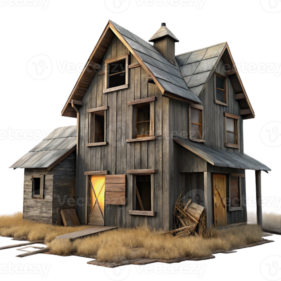 wonderful traditional A desolate, abandoned farmhouse, weathered wood and broken windows, harsh, overcast lighting. Rural, melancholic high quality png