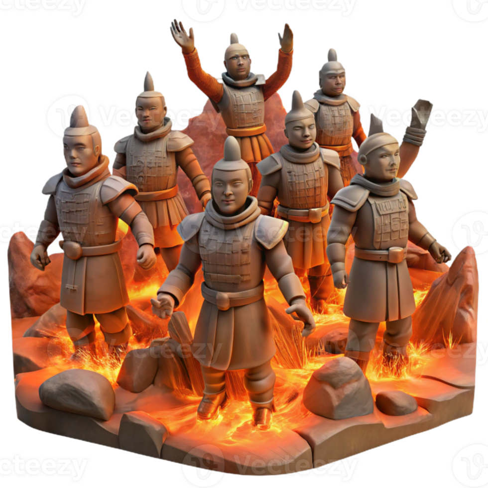 vibrant vintage An army of terracotta warriors awakening in a fiery volcanic landscape, dramatic lighting, dynamic pose, matte painting style, exclusive png