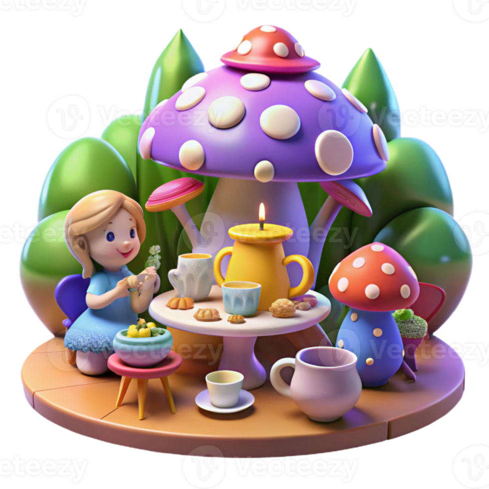 serene artistic A whimsical tea party hosted by a mischievous pixie in a giant toadstool, vibrant colors, whimsical lighting, cartoon style, genuine png