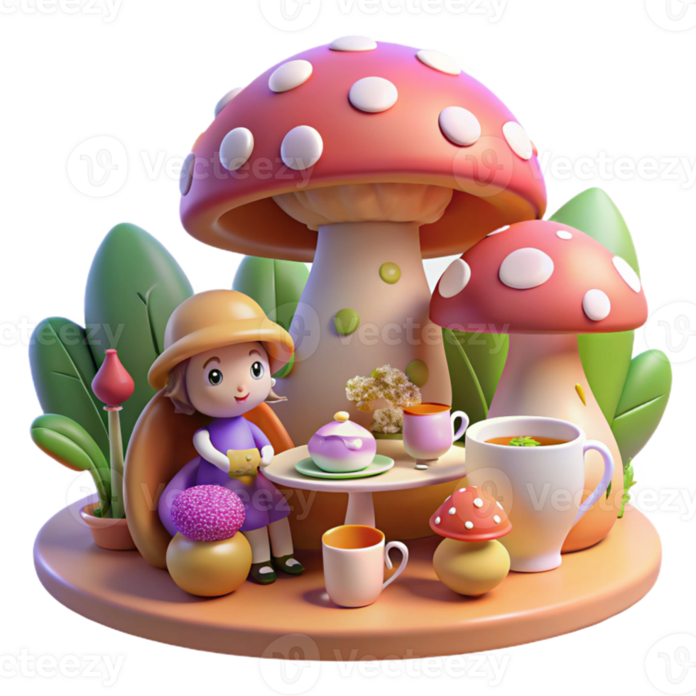 extraordinary minimalist A whimsical tea party hosted by a mischievous pixie in a giant toadstool, vibrant colors, whimsical lighting, cartoon style, genuine png