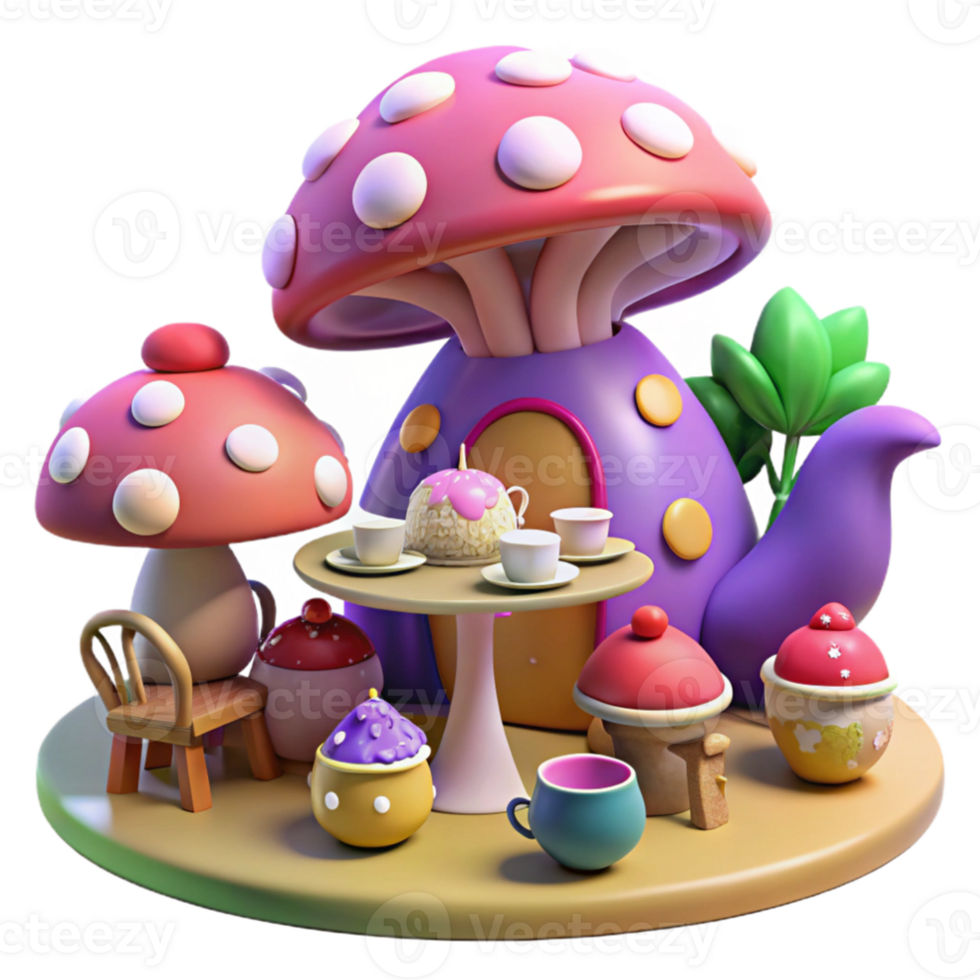 vibrant rustic A whimsical tea party hosted by a mischievous pixie in a giant toadstool, vibrant colors, whimsical lighting, cartoon style, exclusive png