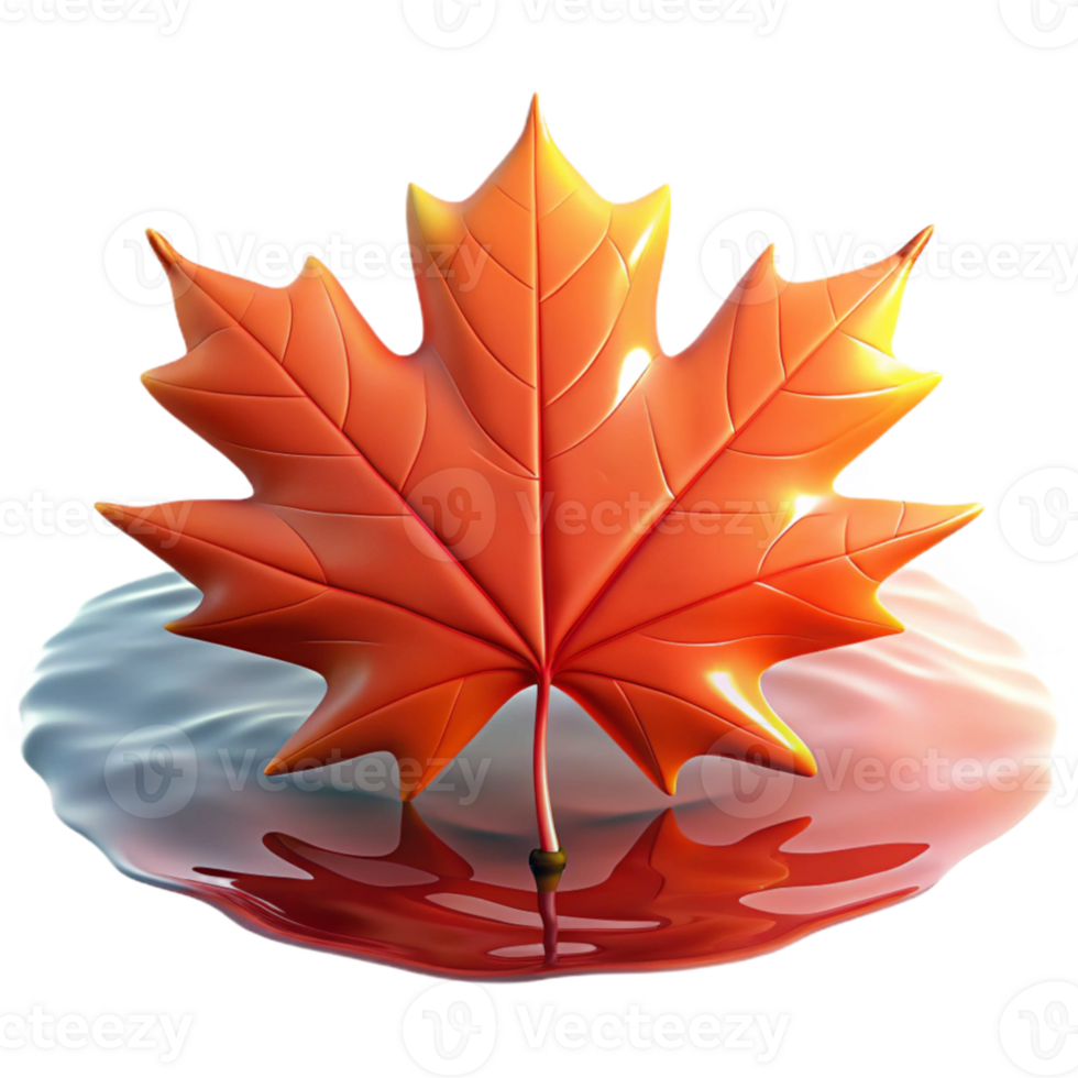 serene artistic A single, perfect red maple leaf, backlit by golden hour sunlight, floating on a still pond reflecting a twilight sky, hyperrealistic style exclusive png