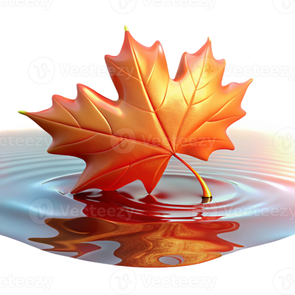 extraordinary contemporary A single, perfect red maple leaf, backlit by golden hour sunlight, floating on a still pond reflecting a twilight sky, hyperrealistic style detailed png