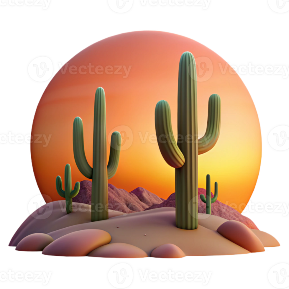 serene classic A desert landscape at sunset, with towering cacti silhouetted against the fiery sky, graphic novel style original png