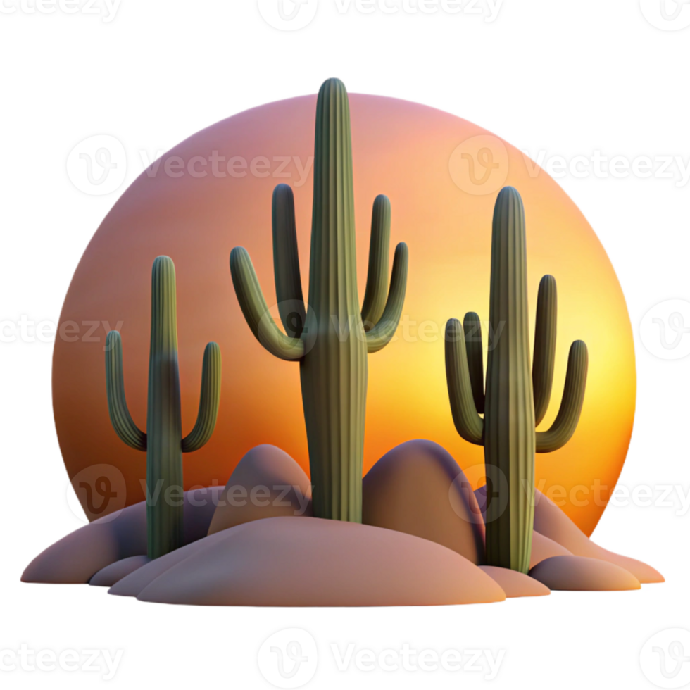 serene minimalist A desert landscape at sunset, with towering cacti silhouetted against the fiery sky, graphic novel style authentic png