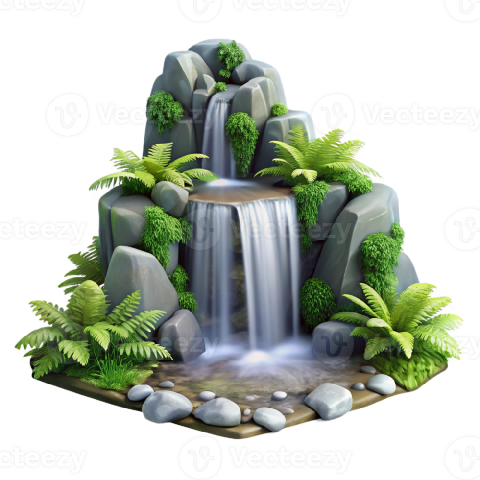extraordinary rustic A cascading waterfall flowing over moss covered rocks, surrounded by lush ferns, photorealistic style premium png
