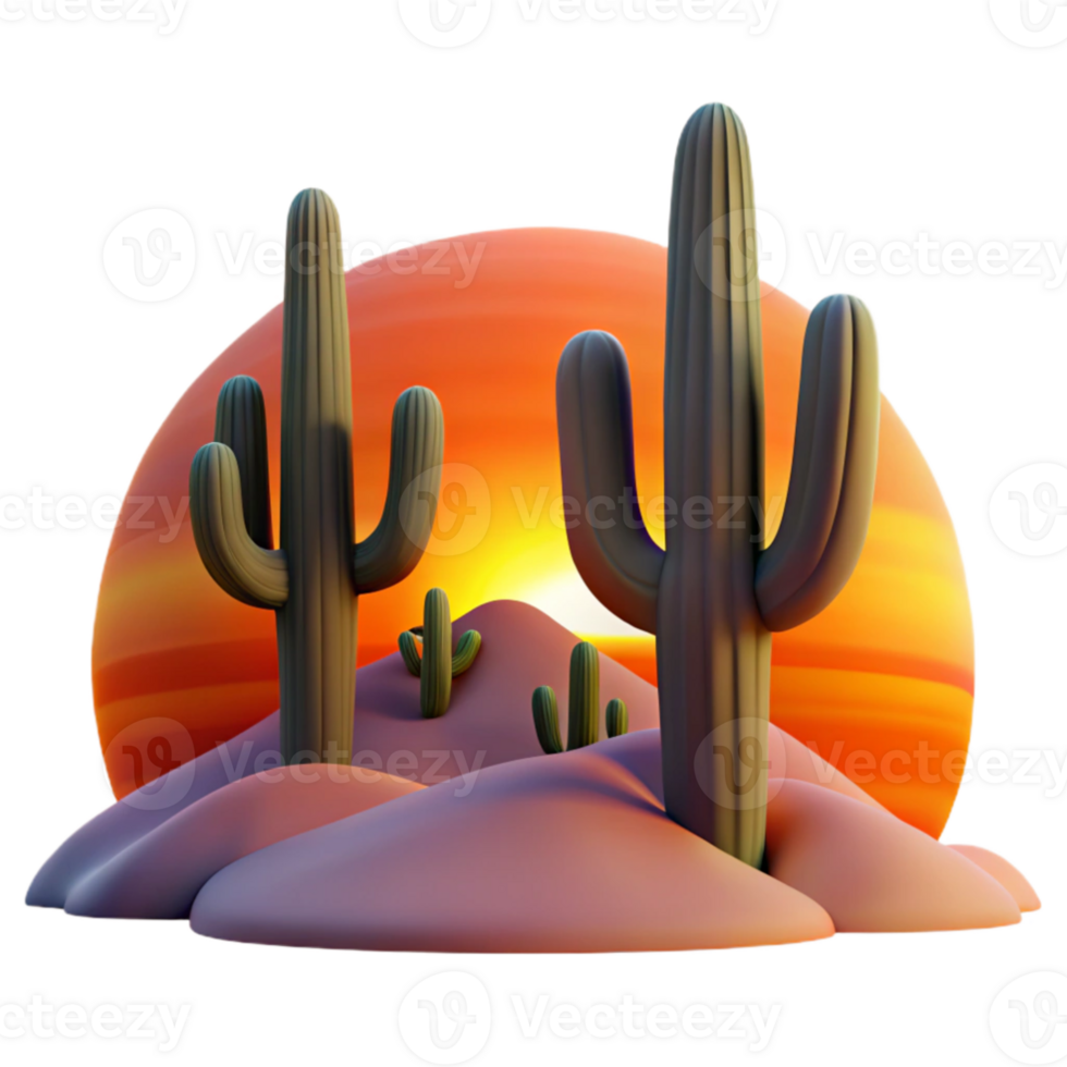 stunning minimalist A desert landscape at sunset, with towering cacti silhouetted against the fiery sky, graphic novel style high quality png