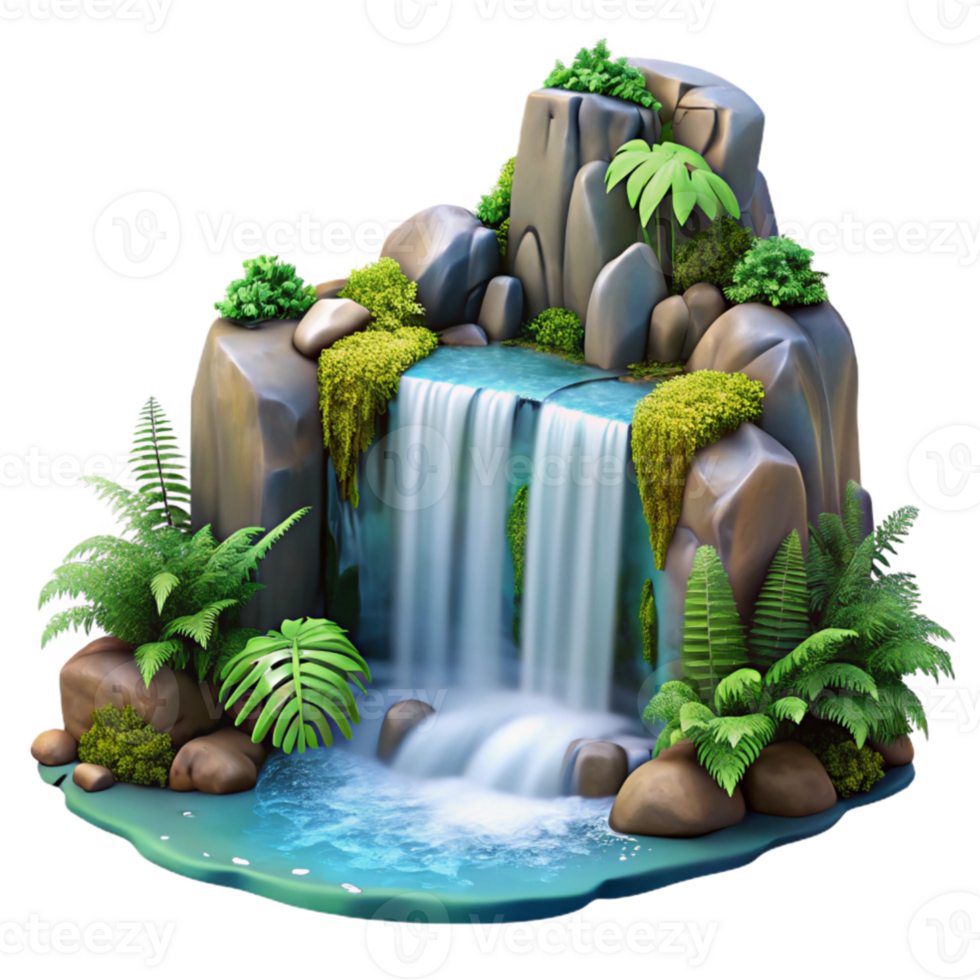 vibrant abstract A cascading waterfall flowing over moss covered rocks, surrounded by lush ferns, photorealistic style high quality png