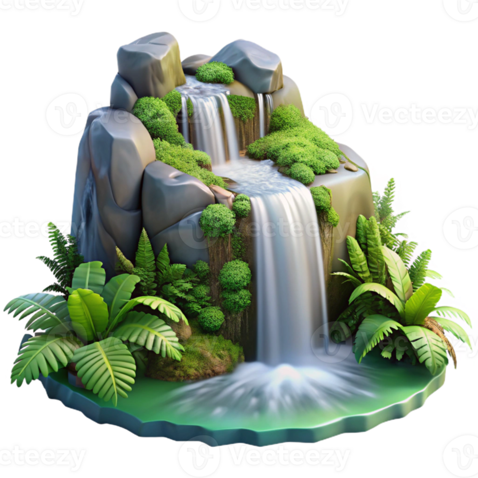 vibrant creative A cascading waterfall flowing over moss covered rocks, surrounded by lush ferns, photorealistic style original png