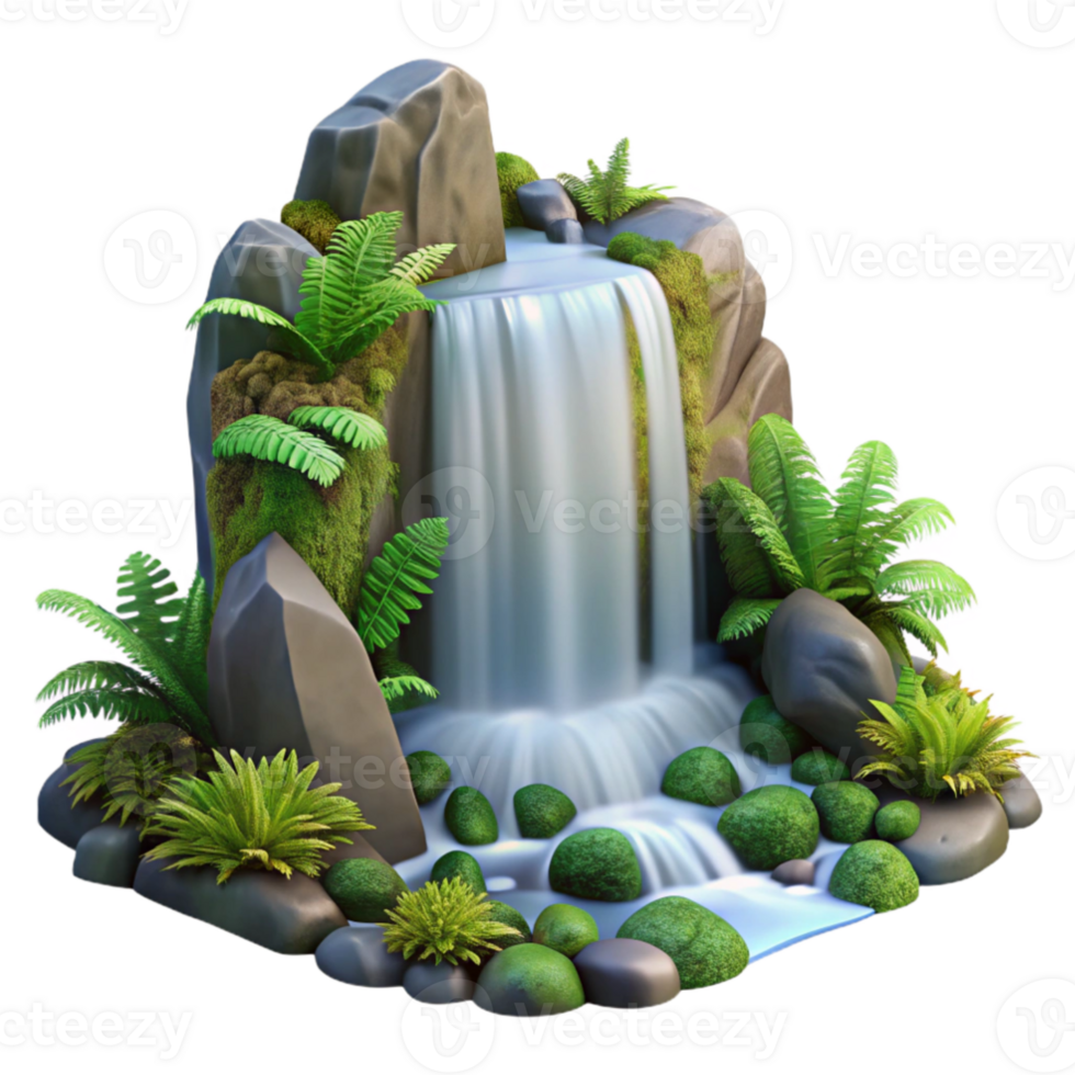 impressive modern A cascading waterfall flowing over moss covered rocks, surrounded by lush ferns, photorealistic style genuine png