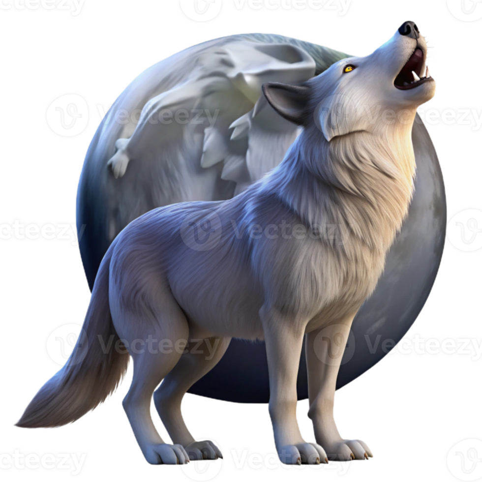 vibrant contemporary A lone wolf howling at the full moon in a snow covered forest, dramatic lighting, realistic animal portrait style detailed png