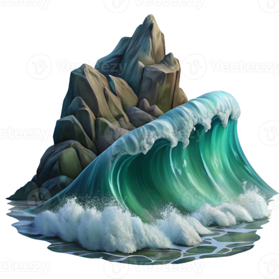 serene artistic A giant wave crashing on a rocky shore, dramatic lighting and motion blur, seascape painting style premium png