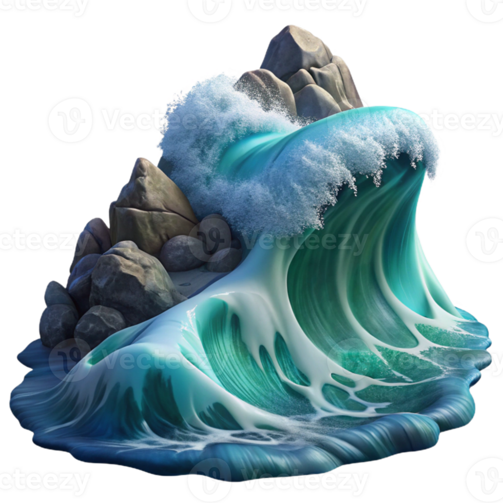 impressive creative A giant wave crashing on a rocky shore, dramatic lighting and motion blur, seascape painting style authentic png