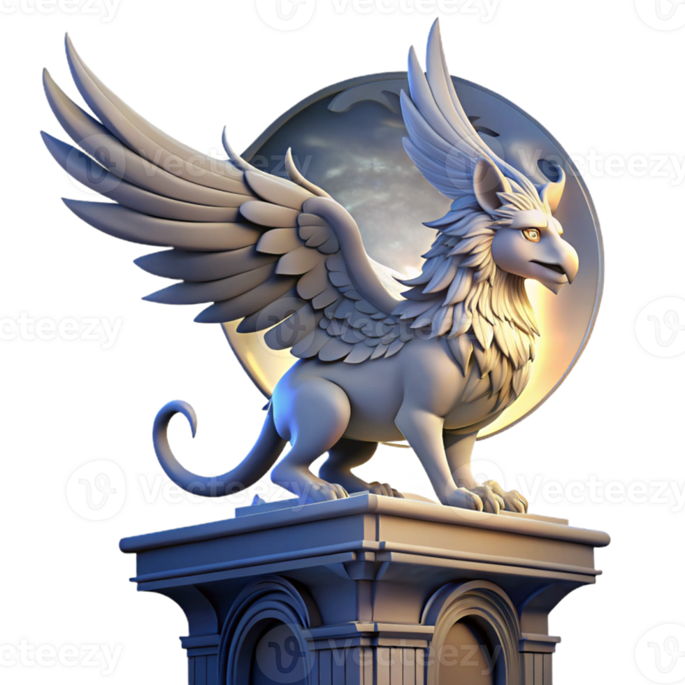 extraordinary contemporary A majestic griffin perched atop a crumbling clock tower, feathers ruffled by a fierce wind, illuminated by a single beam of moonlight, Art Nouveau style high resolution png