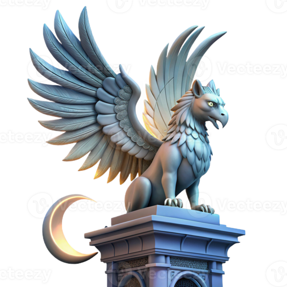beautiful classic A majestic griffin perched atop a crumbling clock tower, feathers ruffled by a fierce wind, illuminated by a single beam of moonlight, Art Nouveau style original png