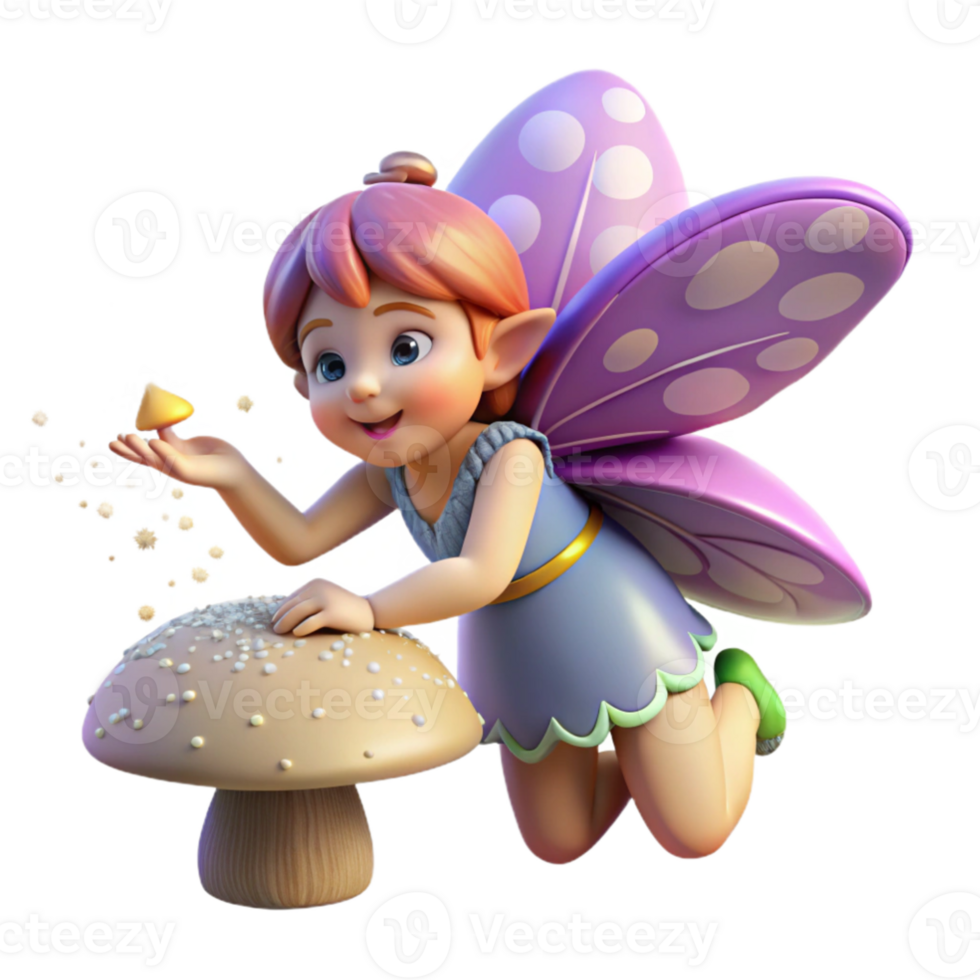 vibrant vintage A mischievous pixie with butterfly wings, sprinkling iridescent dust over a sleeping mushroom, soft dappled sunlight, children's book illustration style detailed png