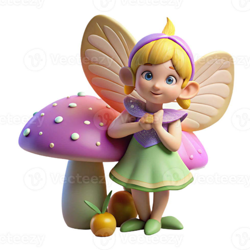 magnificent modern A mischievous pixie with butterfly wings, sprinkling iridescent dust over a sleeping mushroom, soft dappled sunlight, children's book illustration style original png