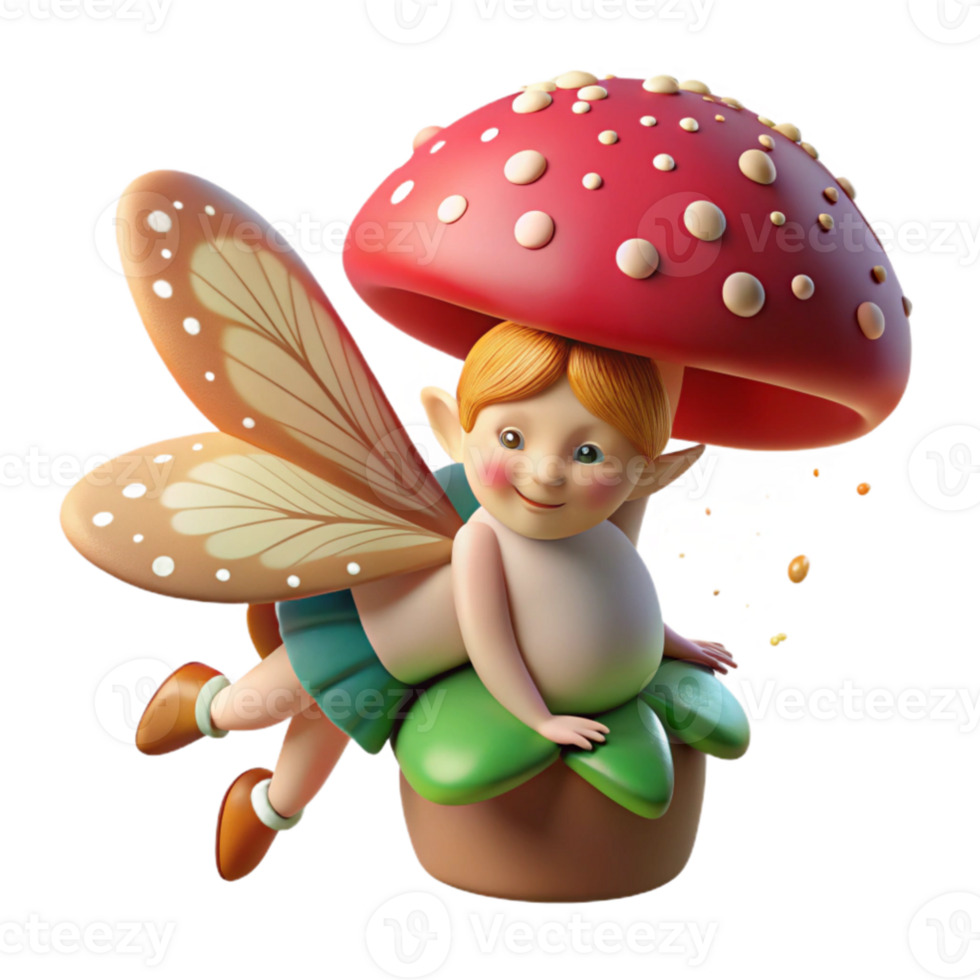 dramatic modern A mischievous pixie with butterfly wings, sprinkling iridescent dust over a sleeping mushroom, soft dappled sunlight, children's book illustration style premium png