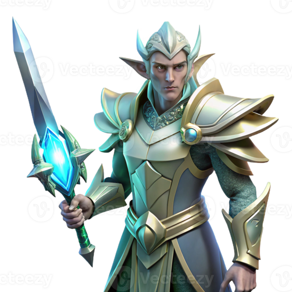 magnificent contemporary A lone elf warrior in ornate silver armor, wielding a glowing crystal sword, backlighting from a hidden sun, Art Deco style premium png