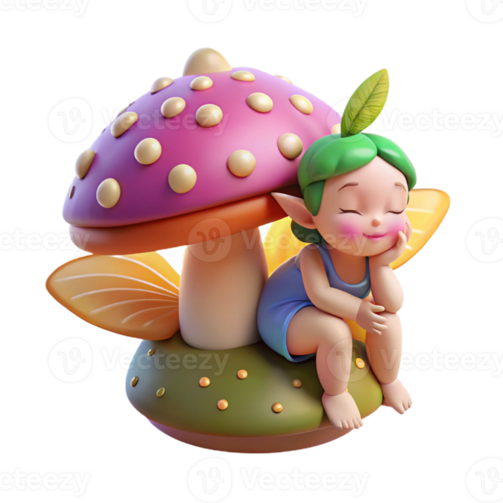 stunning minimalist A mischievous pixie with butterfly wings, sprinkling iridescent dust over a sleeping mushroom, soft dappled sunlight, children's book illustration style genuine png